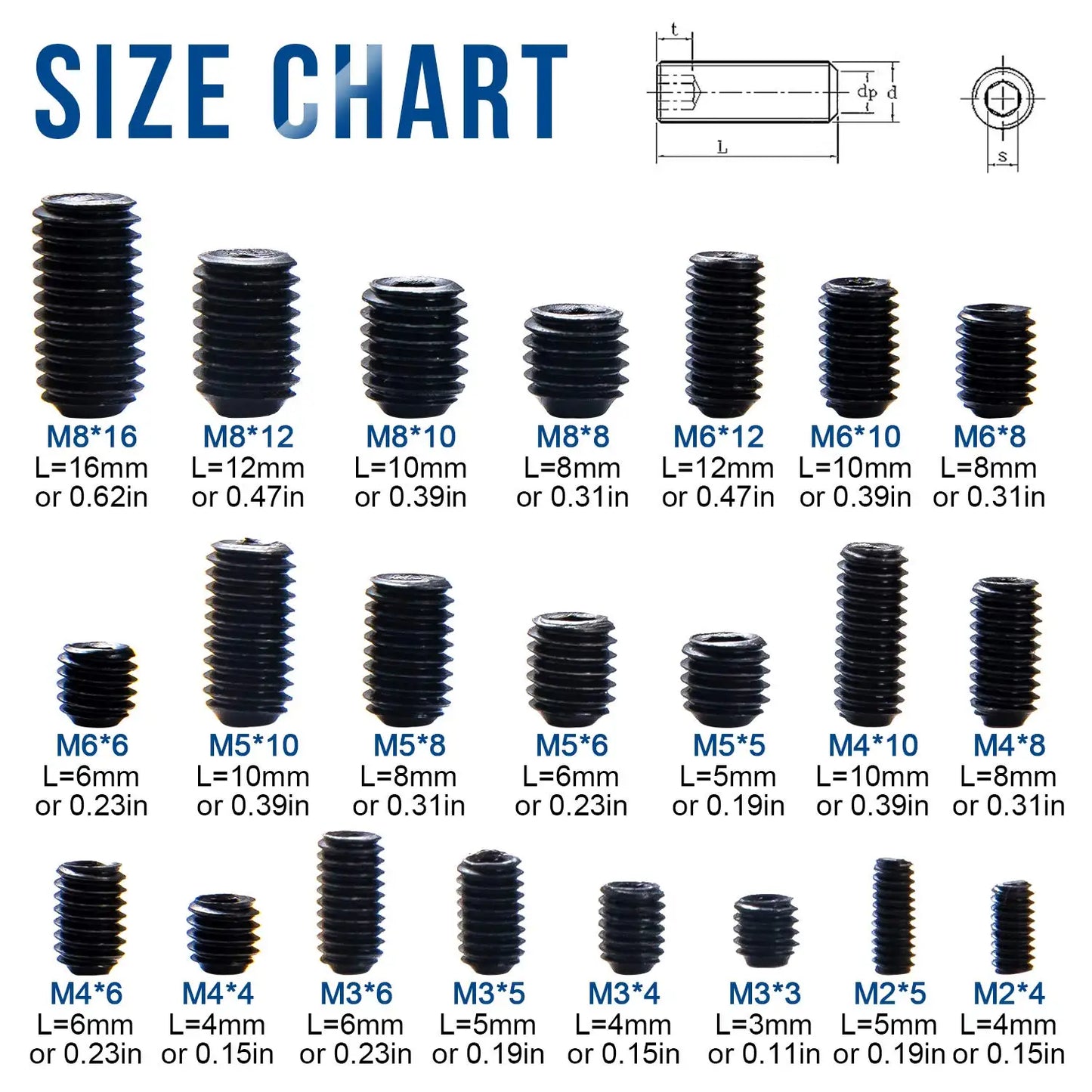 NINDEJIN 666pcs Set Screw Cup Point Grub Screw Assortment Kit M2 M3 M4 M5 M6 M8 Hex Socket Headless Screw Kit 12.9 Carbon Steel
