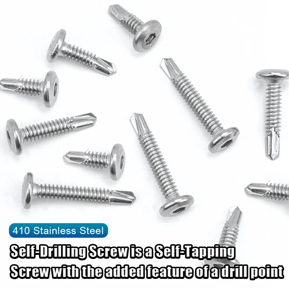 NINDEJIN 25pcs Flat Head Hexagonal Drill Tail Self-tapping Screw M5 410 Stainless Steel Allen Inverted Screw Drilling Tail Bolt