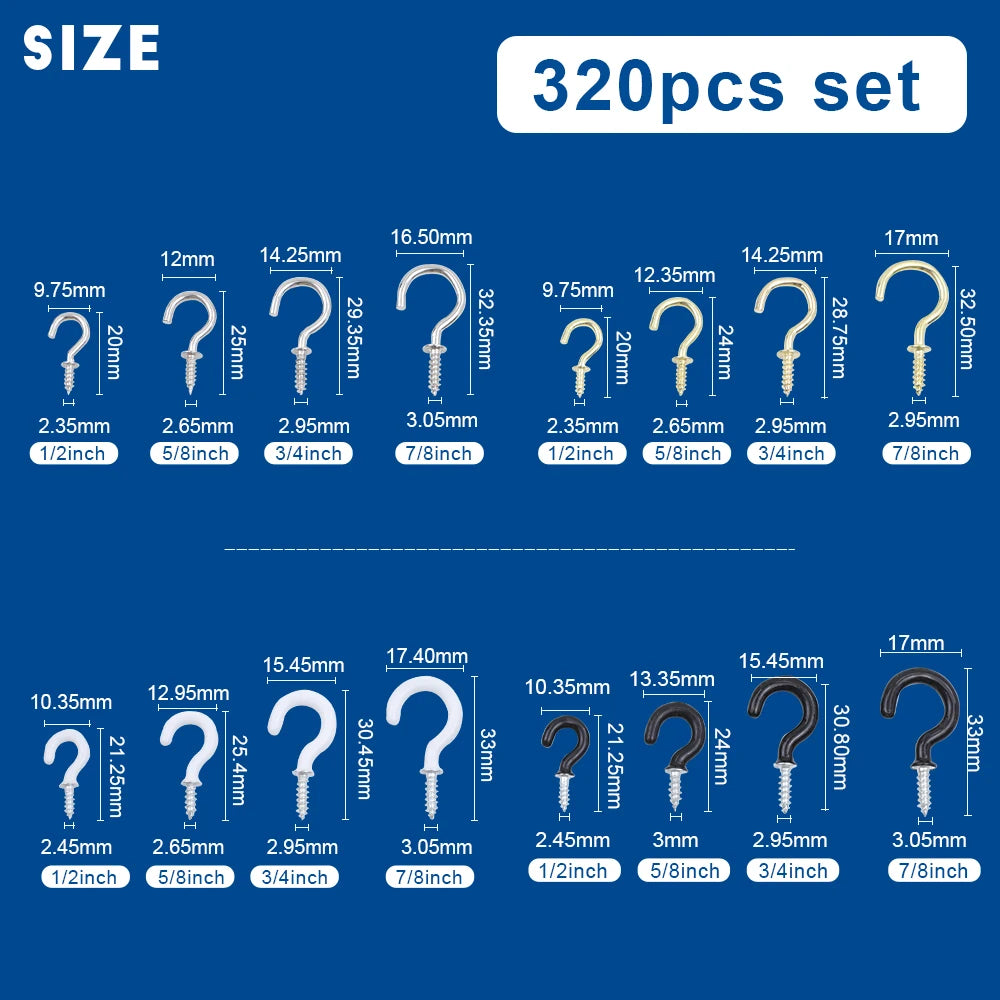 NINDEJIN 66/100/320/340pcs Screw Hook Kitchen Cup Ceiling Hook Kit Eye Screw Bend Hook Kit for Wood Wall Hanging