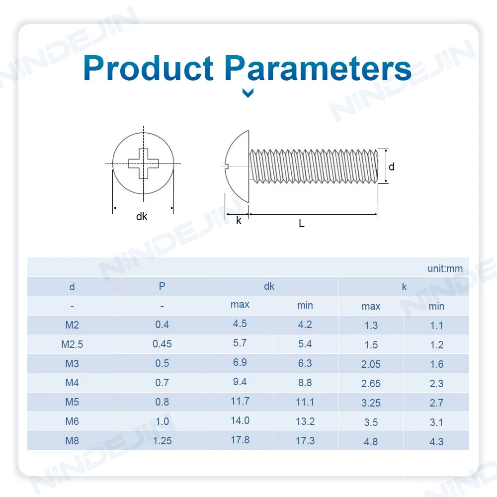 NINDEJIN Cross Truss Head Phillips Machine Screws M2 M3 M4 M5 M6 M8 Mushroom Big Flat Head Screw Stainless Steel Philips Screw