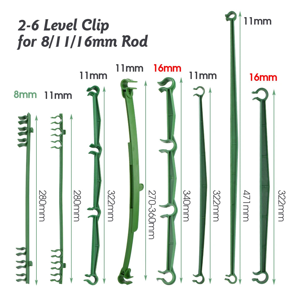 10PCS Durable 8/11/16mm Plant Support Pole Gardens Splice Frame Green Plastic Indoor Balcony Outdoor Climbing Vines Multilayer