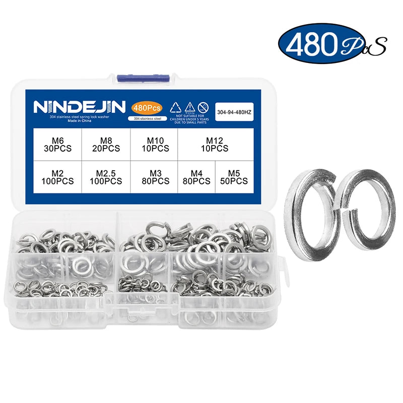 NINDEJIN 300/480pcs lock washers set stainless steel black carbon steel m2 m2.5 m3 m4 m5 m6 m8 m10 m12 spring lock washer assortment kit - KiwisLove