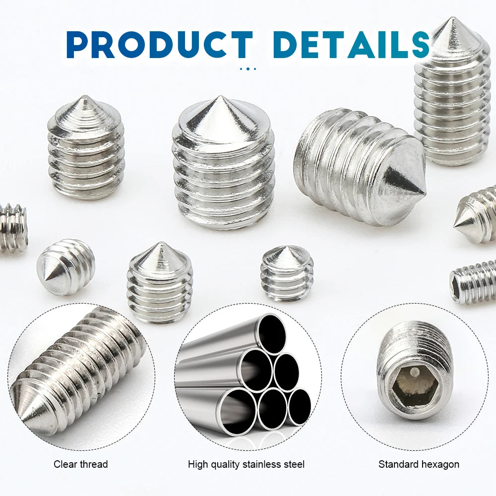 2-50pcs/pack Hexagon Socket Set Screw Cone Point M2 M2.5 M3 M4 M5 M6 M8 M10 M12 304 Stainless Steel Headless Allen Set Screw
