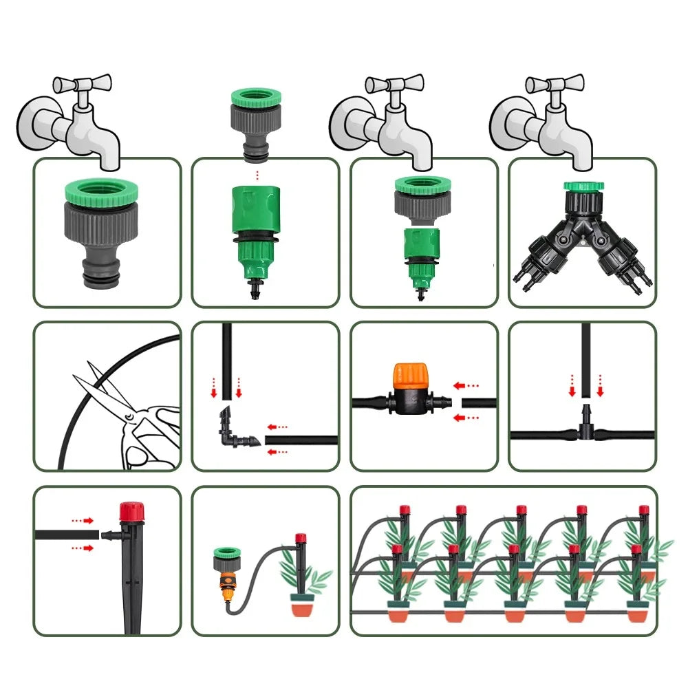 1/4'' Drip Irrigation System Hose Kit Adjustable 13CM Sprinkler Kit for Garden Flowers Greenhouse Vegetable Indoor Pots System