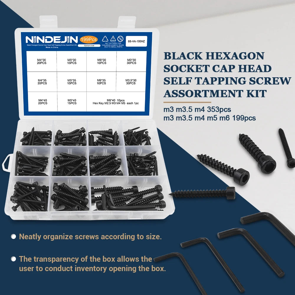 NINDEJIN 199/353pcs Hex Socket Cap Head Self Tapping Screw Set M3 M4 M5 M6 Carbon Steel Allen Head Tapping Screw Assortment Kit