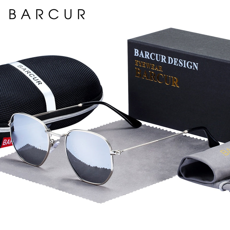 BARCUR Classic Retro Reflective Sunglasses Man Hexagon Sunglasses Metal Frame Eyewear Sun Glasses With Box Oculos De Sol gafas - KiwisLove