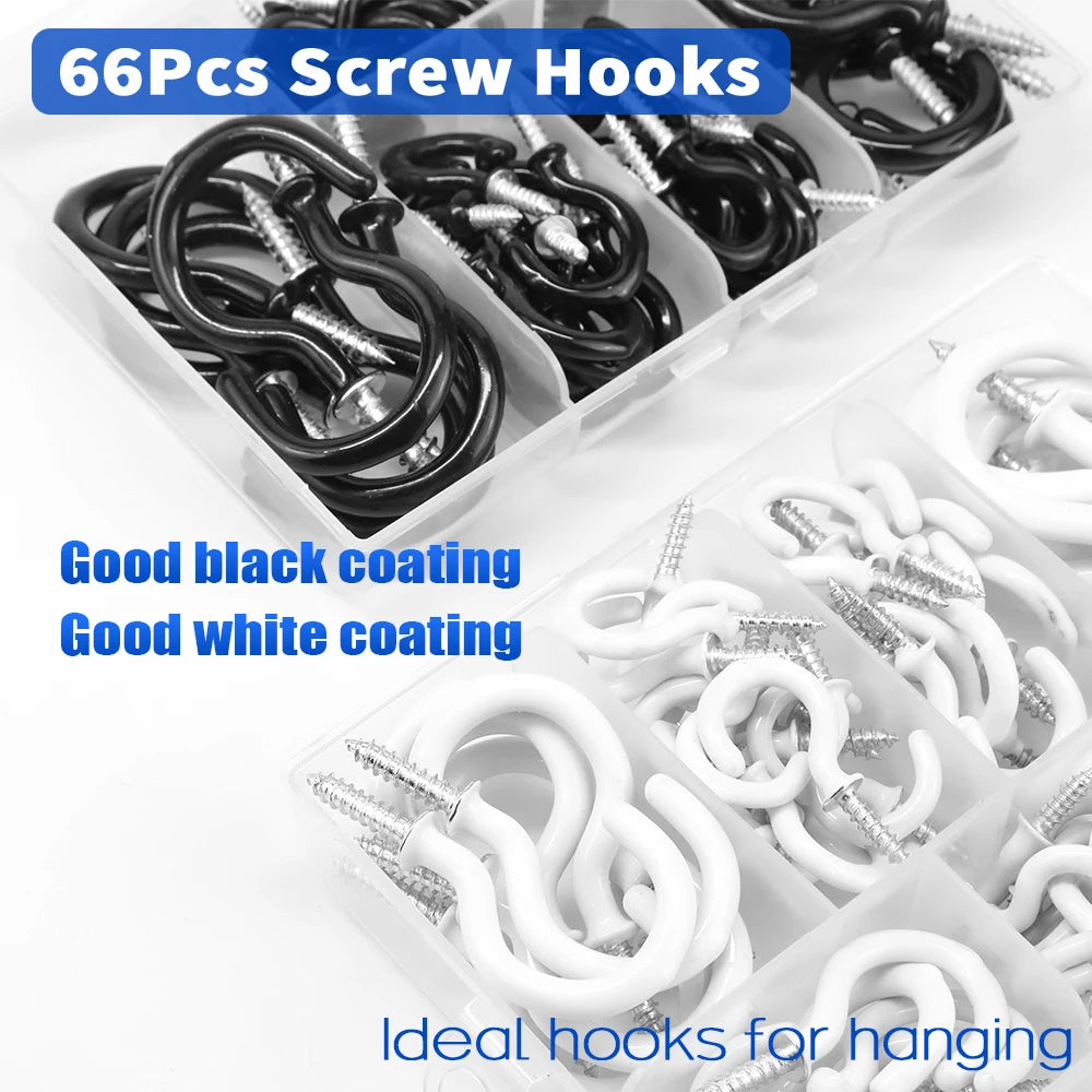 NINDEJIN 66pcs Screw hooks 3/4"-1-1/2" Black White Heavy Duty Screw in Hook Hanger Wood Wall Ceiling Hooks for Kitchen Shelf
