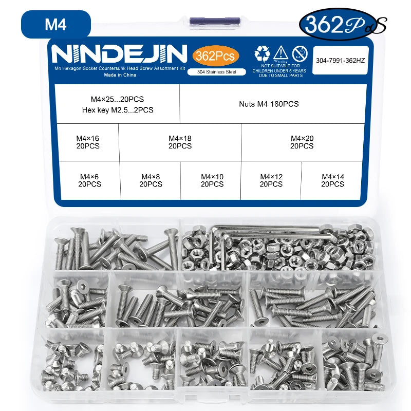 NINDEJIN Hex Hexagon Socket countersunk head screw kit m2 m2.5 m3 m4 m5 m6 stainless steel flat head bolt and nut screw set