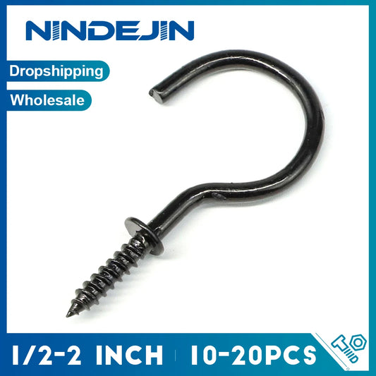 NINDEJIN Screw Hooks 1" 2" Black Heavy Duty Wood Wall Ceiling Hooks Plant 1/2" 3/4" Jewelry Hooks for Hanging String Lights - KiwisLove