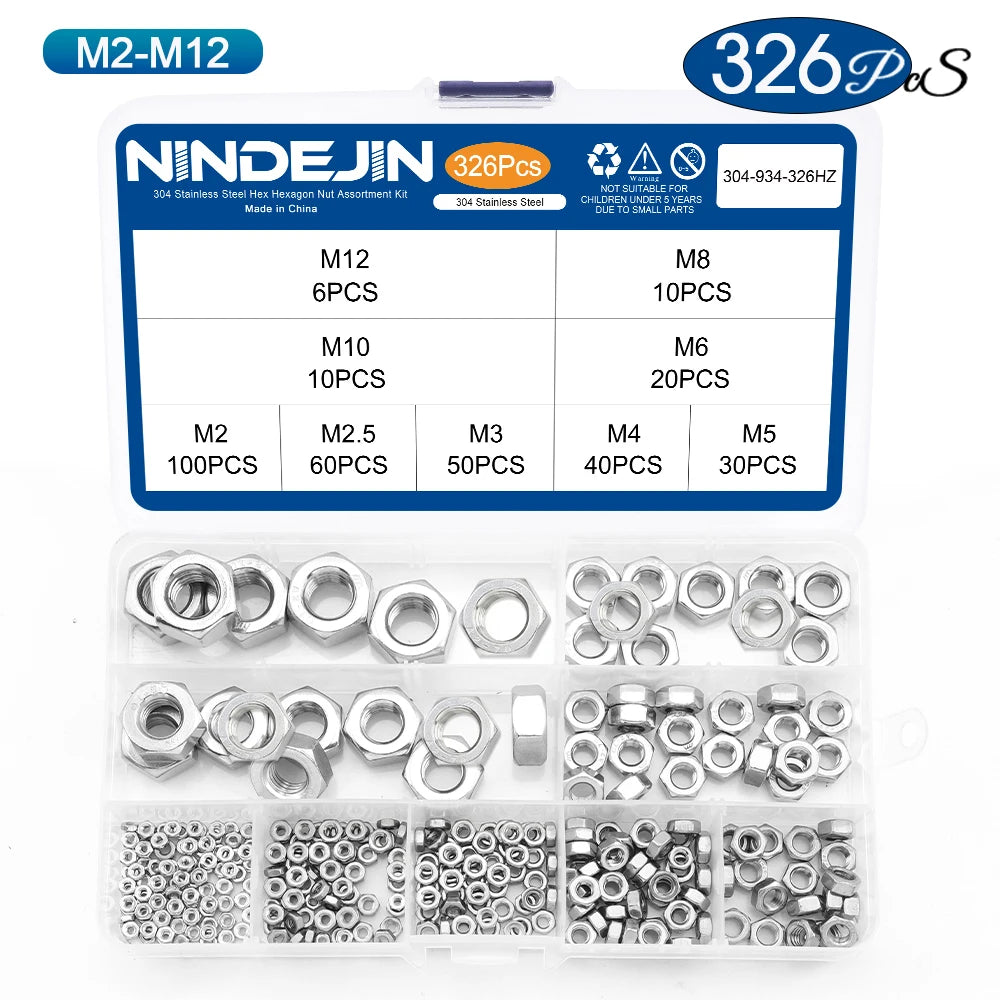 NINDEJIN Hexagon Nuts Assortment Kit M2 M2.5 M3 M4 M5 M6 M8 M10 M12 Stainless Steel Metric Hex Nuts Set DIN934