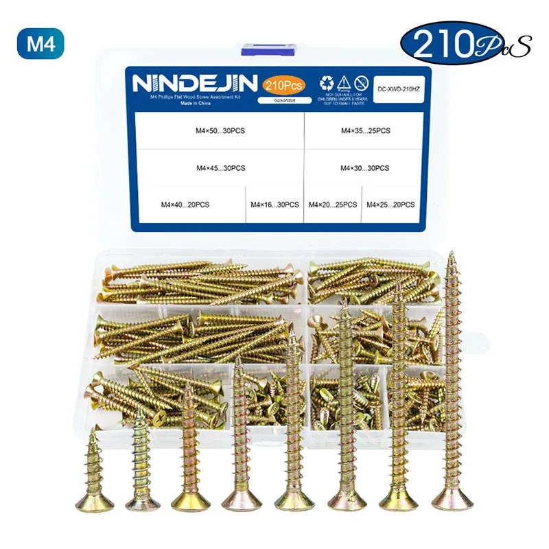 NINDEJIN Wood Screw Kit M3.5 M4 Cross Recessed Fiberboard Screw Zinc Plated Flat Phillips Head Self Tapping Screw for Chipboard