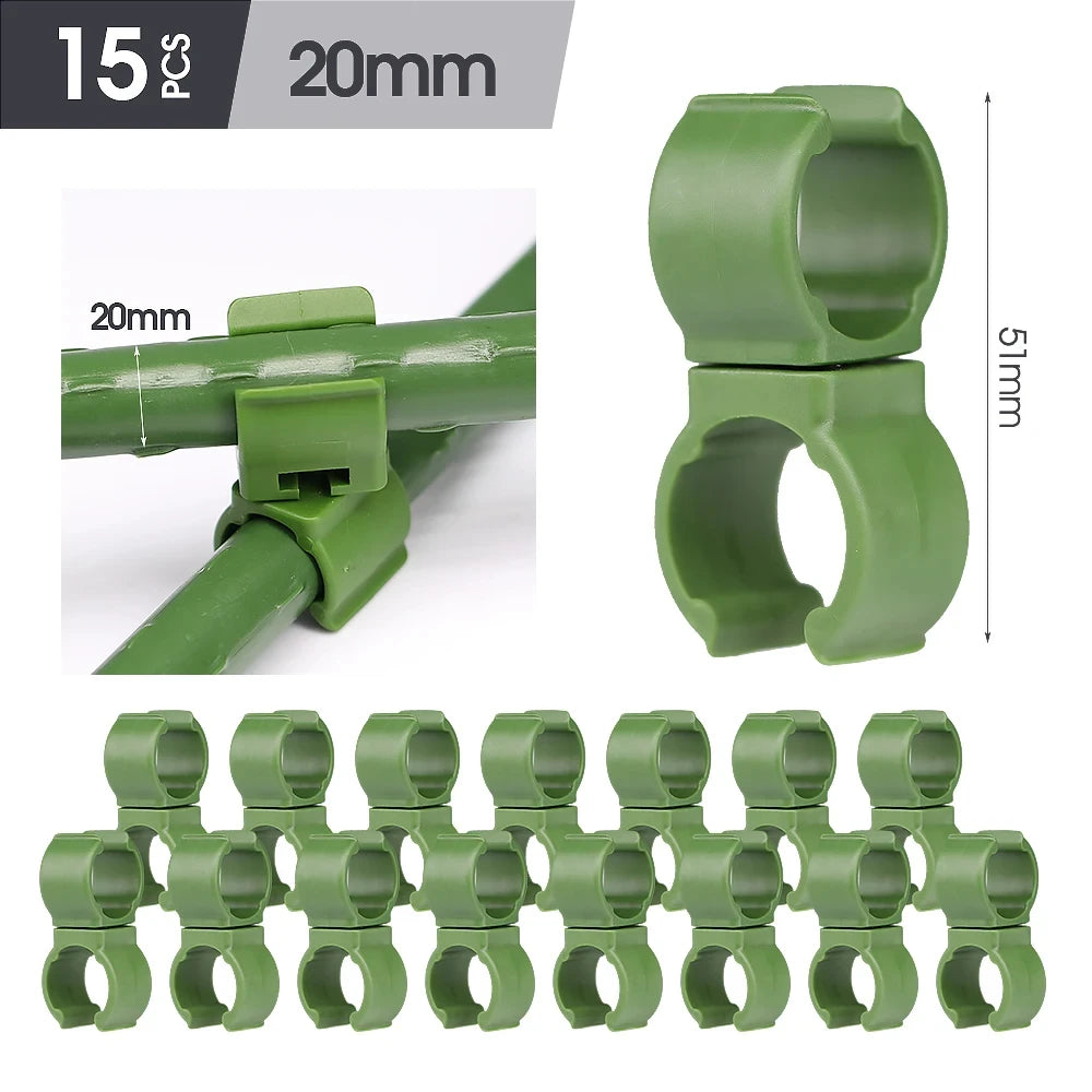 15pcs Green 8/11/16/20mm Garden Cross Clip Plastic Fastener Plant Support Connecter Clamp Rod Adjustable or Fixed Buckle Trellis