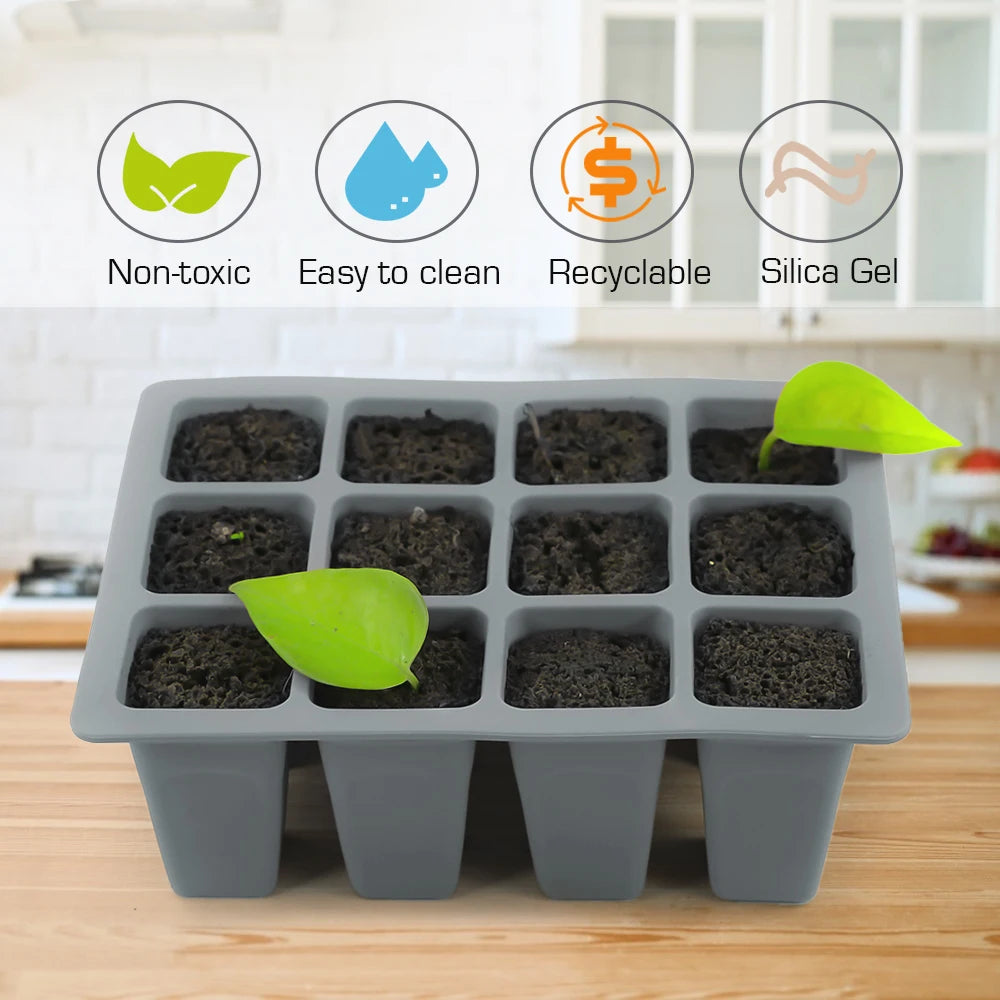 1pc Silicone 12 Cell Seed Starting Tray Seedling Germination Container Indoor Garden Nursery Pots Reusable Propagation  Grow Box