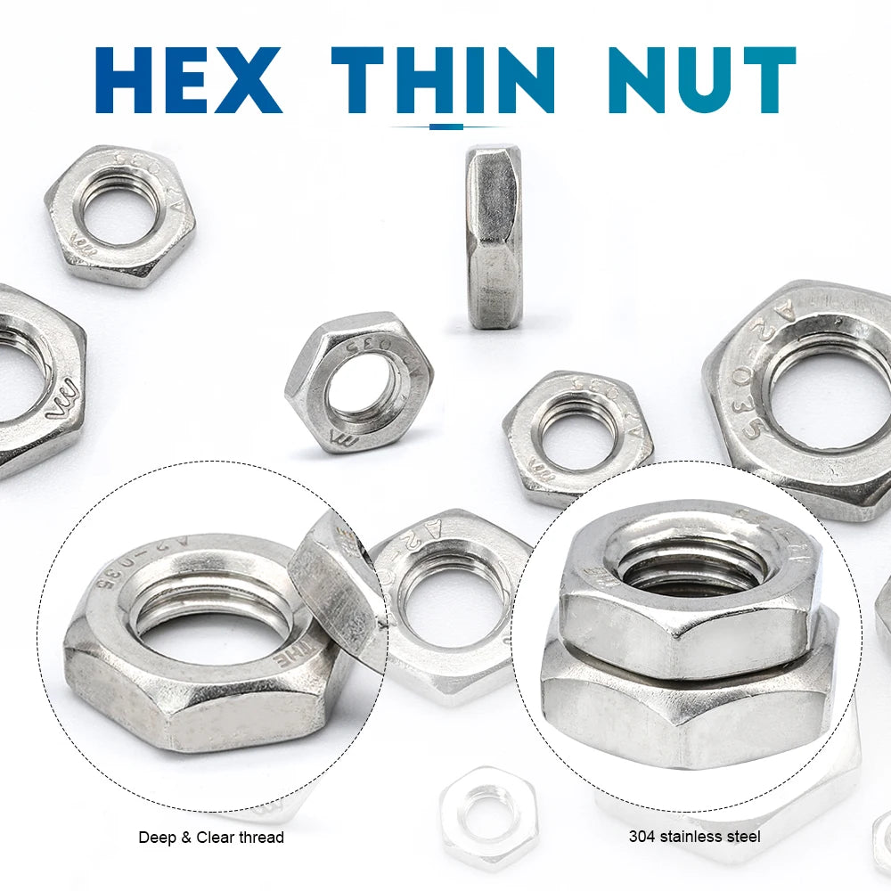 NINDEJIN Thin Hex Nuts 304 Stainless Steel M3 M4 M5 M6 M8 M10 M12 M14 M16 M18 M20 thin nuts DIN439