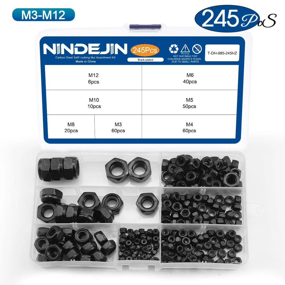 NINDEJIN Nylon Lock Nut Set Black Zinc Plated Carbon Steel M2-M12 Hexagon Locknut Self Locking Nut Assortment Kit DIN985