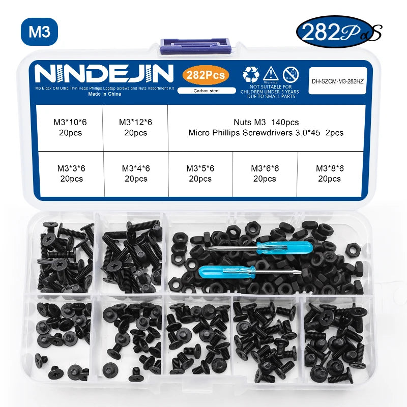NINDEJIN M2-M6 Thin Flat Head Laptop Screw Set Black Carbon Steel Ultra Thin Wafer Head Phillips Machine Screw Nut Assortment