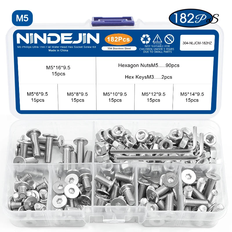 NINDEJIN Ultra Low Profile Head Screw Set M2 M2.5 M3 M4 M5 Stainless Steel Hex Socket Flat Thin Wafer Head Screws With Nuts Kit