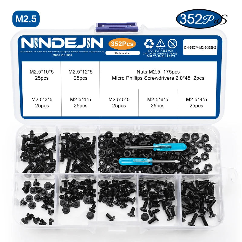 NINDEJIN M2-M6 Thin Flat Head Laptop Screw Set Black Carbon Steel Ultra Thin Wafer Head Phillips Machine Screw Nut Assortment