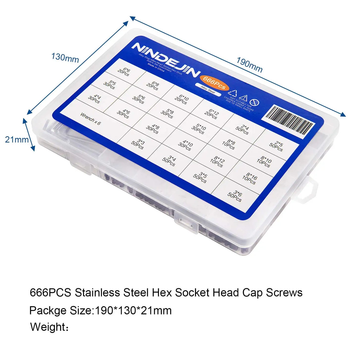 NINDEJIN 666pcs Set Screw Cup Point Grub Screw Assortment Kit M2 M3 M4 M5 M6 M8 Hex Socket Headless Screw Kit 12.9 Carbon Steel
