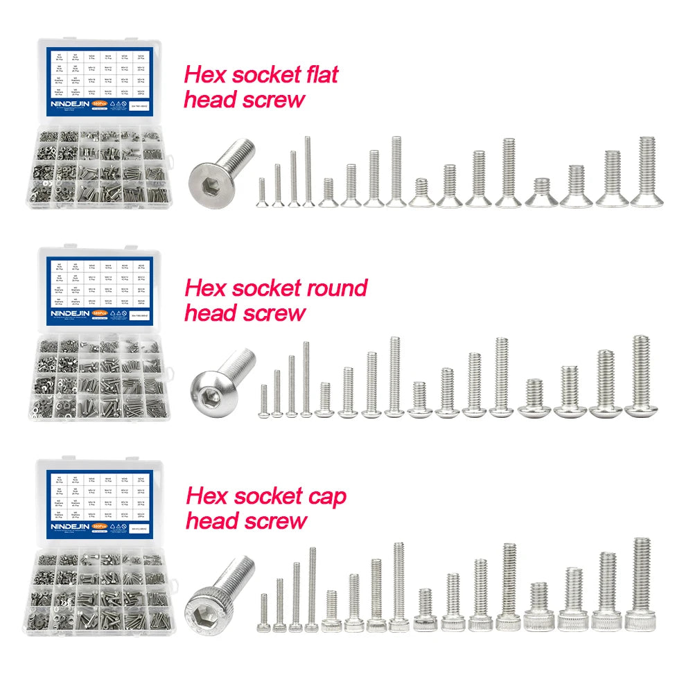 NINDEJIN 580Pcs/Set Hex Socket Cap Head Screw Nut Set Stainless Steel M2 M3 M4 M5 Hexagon Flat Round Cap Head Screw Assorted Kit