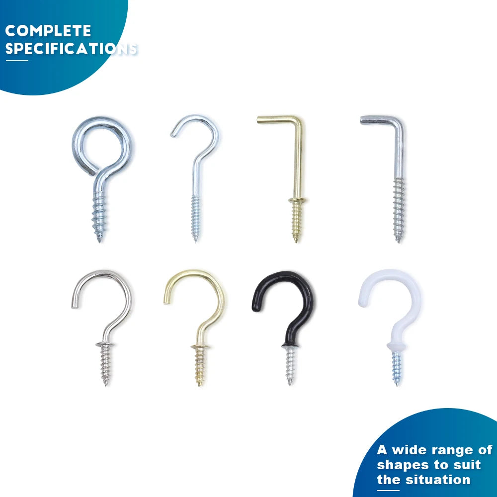 100/118/150/185pcs Wall Hook Screw Hook Set Hanger Screw-in Hook Kit Light Ceiling Kitchen Cup Hook Carbon Steel Screw Eye