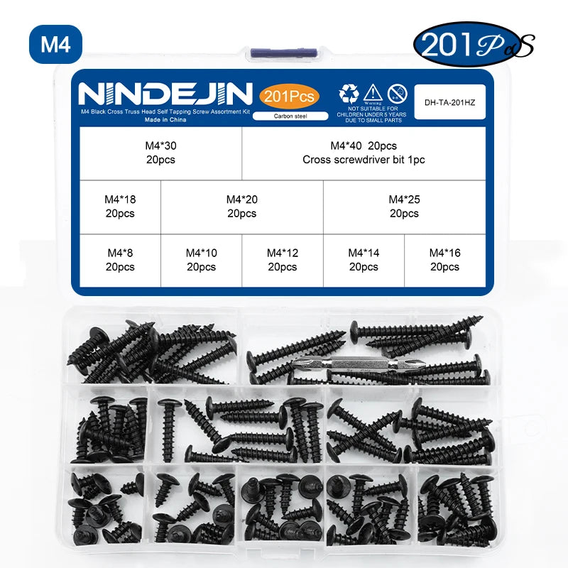 NINDEJIN Cross Truss Head Self Tapping Screw Set M3 M3.5 M4 M5 Black Plated Phillips Mushroom Head Machine Screw Assortment Kit