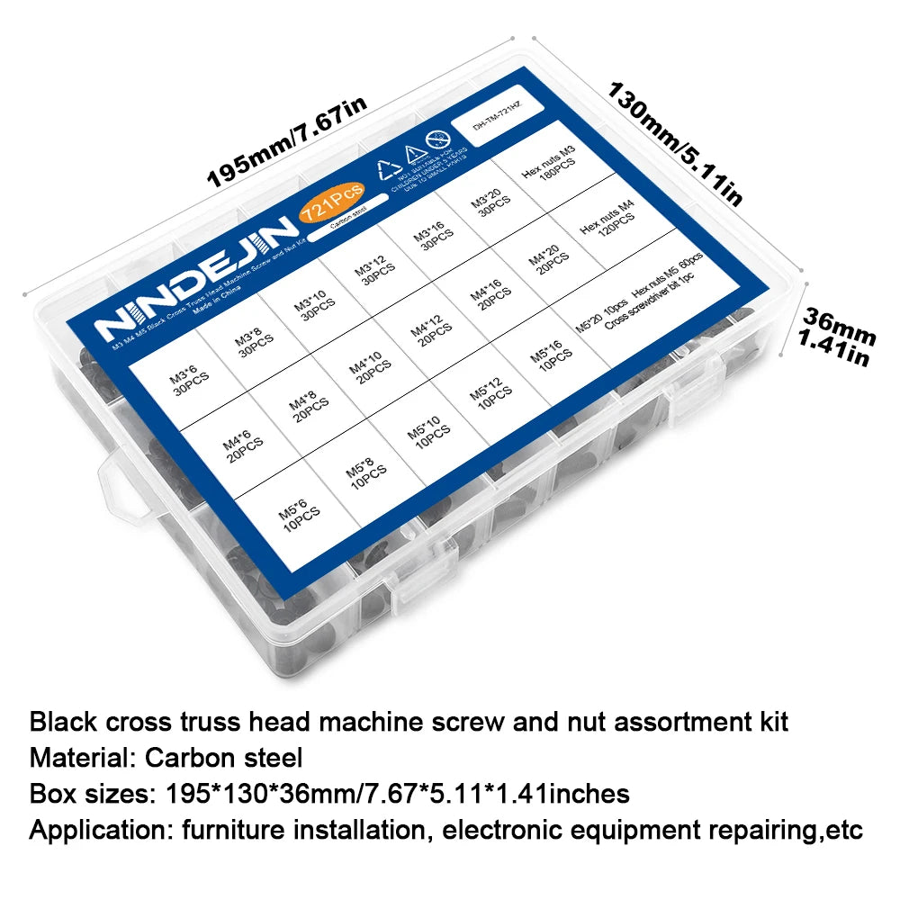 NINDEJIN 721pcs/set Cross Truss Head Screw Kit with Nut M3 M4 M5 Carbon Steel Mushroom Phillips Head Machine Screw and Nut Set
