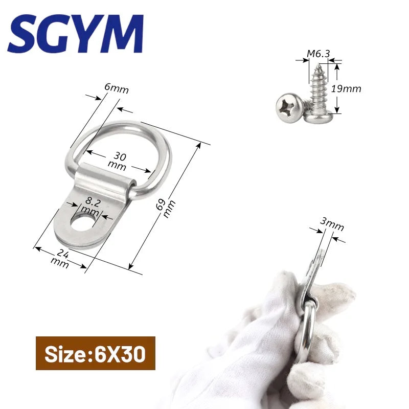 SGYM 6*30mm 304 Stainless Steel D Ring 1/4‘’Hangers with Screws D Ring Hanging Single Hole Surface Mount Tie Down Anchors Hook