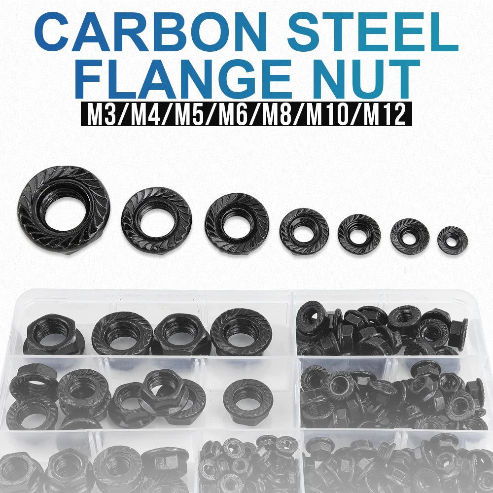 NINDEJIN 192pcs Black Flange Nut  Assortment Kit M3-M12 Hexagon Carbon Steel Serrated Spinlock Flange Lock Nut Set DIN6923