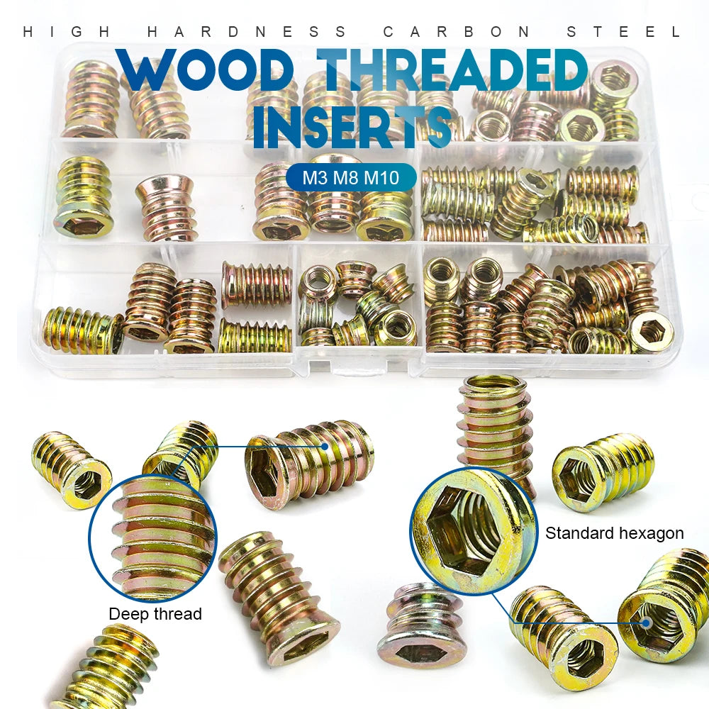 NINDEJIN 63pcs Wood Insert Nuts M6 M8 M10 Hexagon Wood Threaded Inserts Galvanized Carbon Steel Furniture Screw in Nut Connector