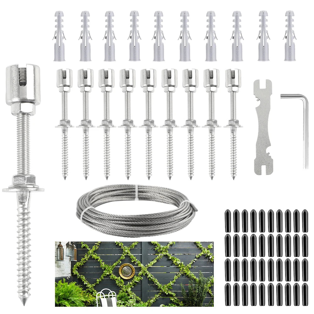 10 PCS Wall Wire Trellis Kit for Climbing Plants Outdoor 16Meter Wire Ropes 50ft Stainless Steel Hubs Green Wall Cable System