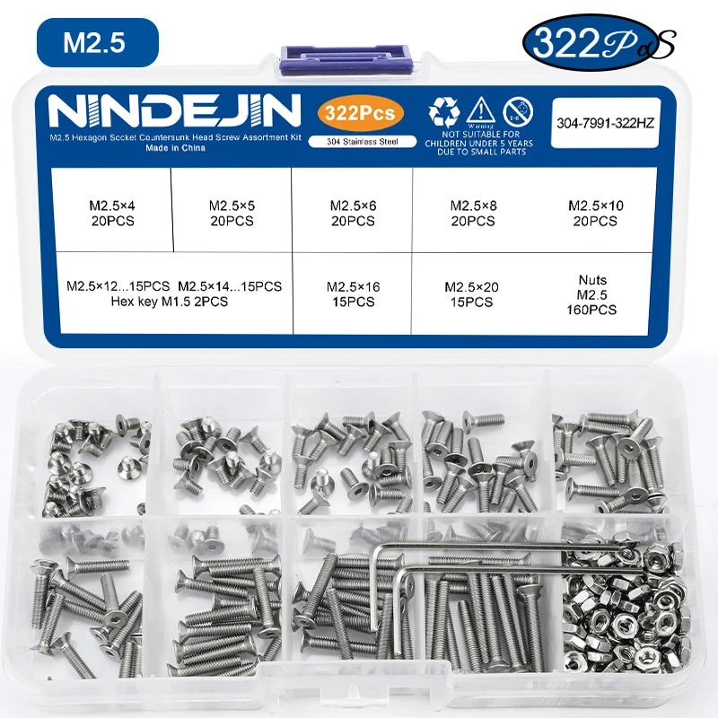 NINDEJIN Hex Hexagon Socket countersunk head screw kit m2 m2.5 m3 m4 m5 m6 stainless steel flat head bolt and nut screw set