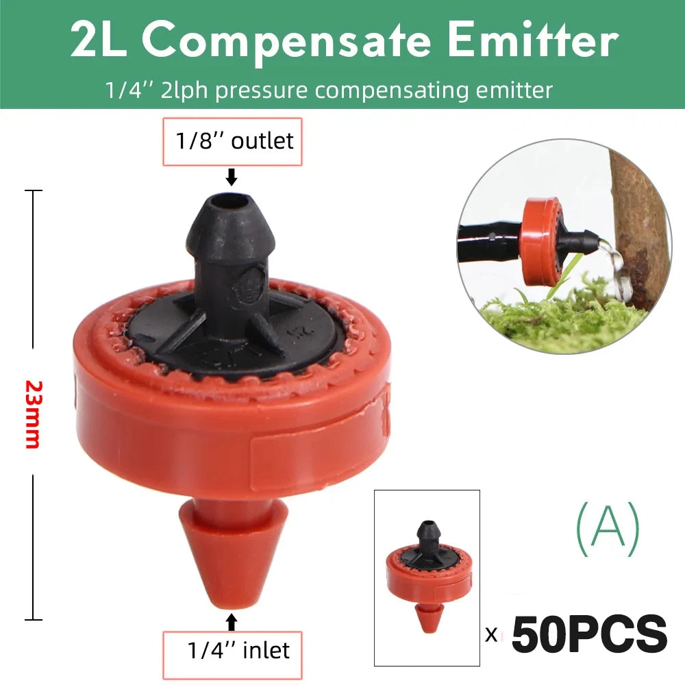 50PCS 2L 4L 8L/H Pressure Compensation Dropper Agricultura Irrigation Emitter Garden Drip for 1/4' PE Hose Greenhouse Watering