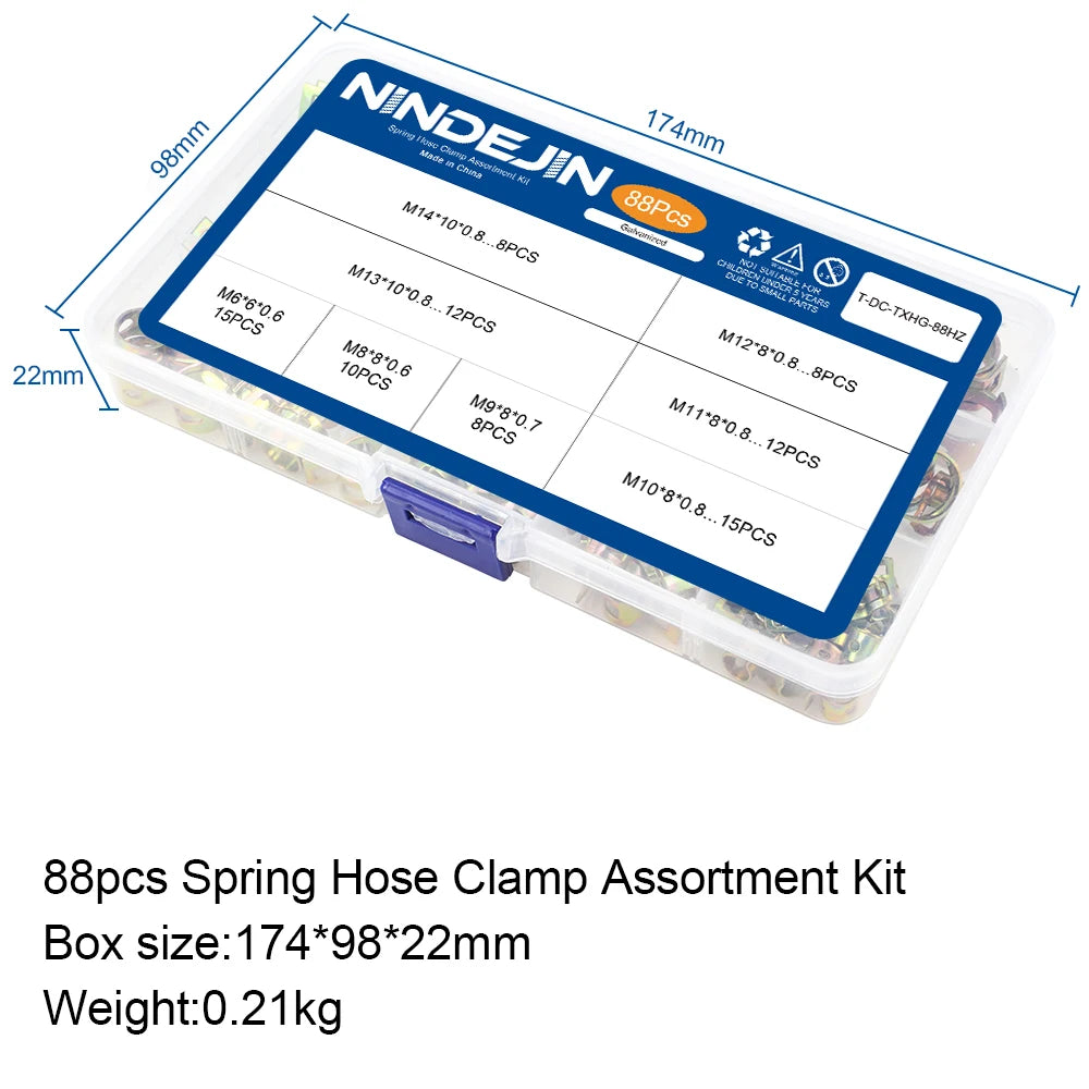 NINDEJIN 88pcs Spring Hose Clamp Zinc Plated M6-M14 Fuel Line Silicone Vacuum Hose Pipe Clamp Steel Wire Tube Pipe Clip Fastener