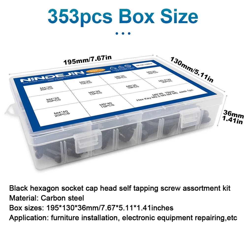 NINDEJIN 199/353pcs Hex Socket Cap Head Self Tapping Screw Set M3 M4 M5 M6 Carbon Steel Allen Head Tapping Screw Assortment Kit