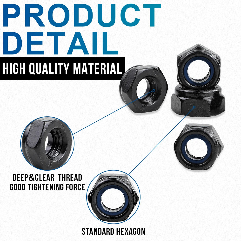 NINDEJIN Nylon Lock Nut Set Black Zinc Plated Carbon Steel M2-M12 Hexagon Locknut Self Locking Nut Assortment Kit DIN985