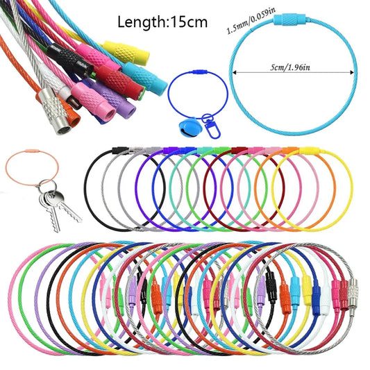 10pcs/lot 15cm Length Stainless Steel Wire Keychain Rings Key Keyring Circle Rope Cable Loop Luggage Tag Screw Lock Gadget