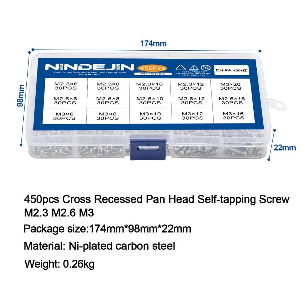 NINDEJIN 450pcs Ni-plated Cross Recessed Round Pan Head Tapping Screw set M2.3 M2.6 M3 Carbon Steel micro Screws assortment kit