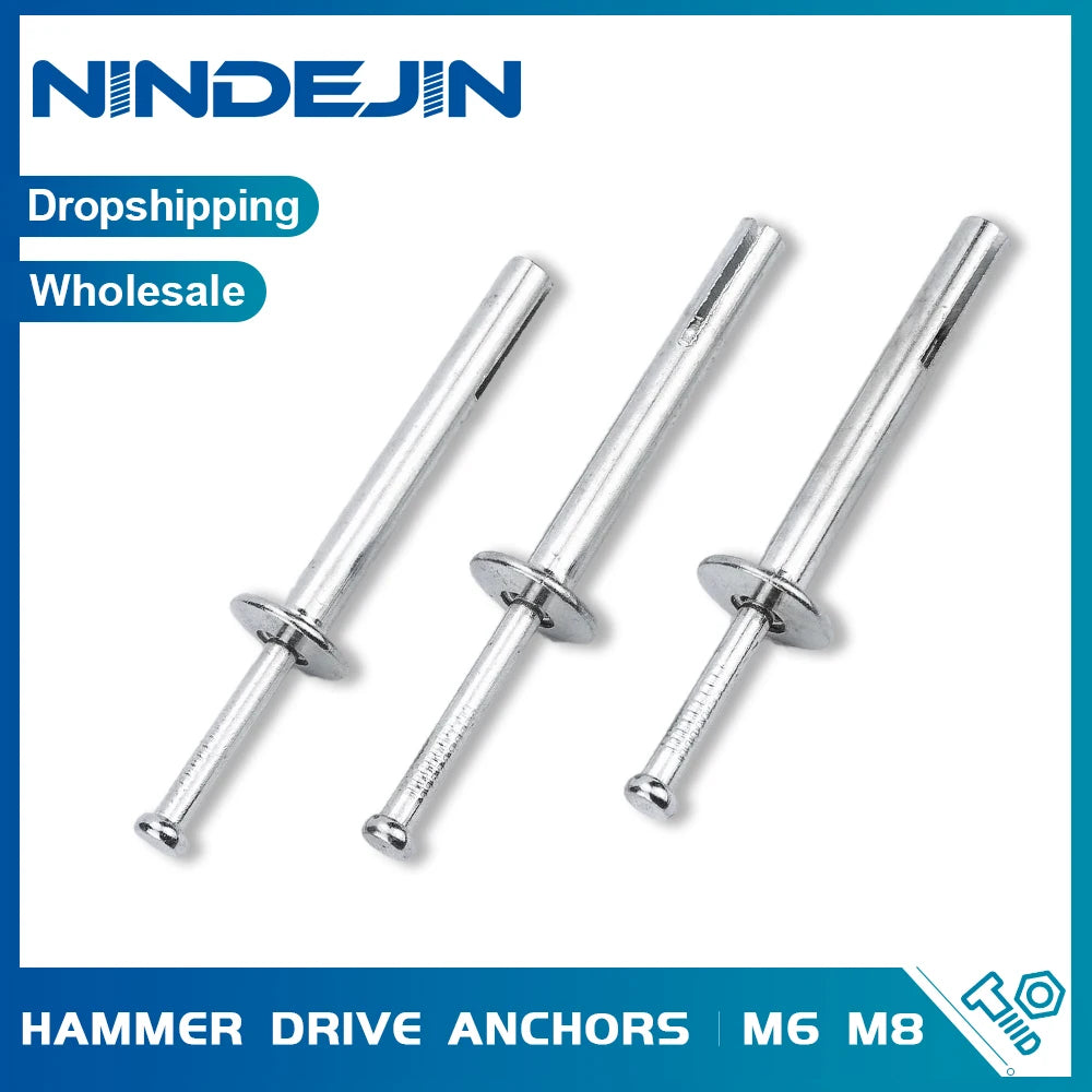 NINDEJIN 2/5pcs Hammer Drive Anchor M6 M8 Zinc Plated Nial-in Hammer Drive Pin Anchor for Concrete Brick, Block
