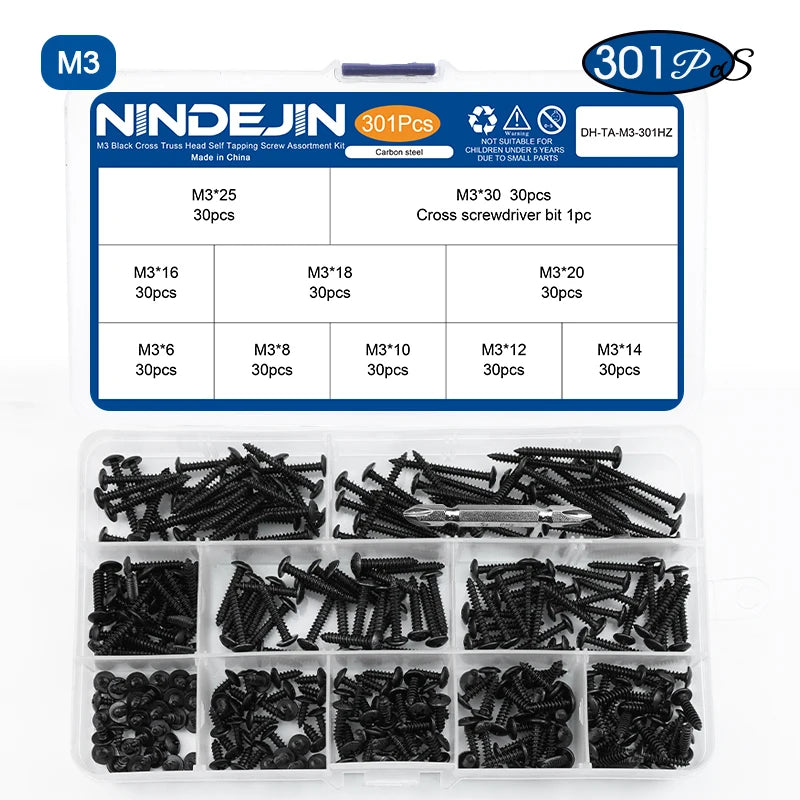 NINDEJIN Cross Truss Head Self Tapping Screw Set M3 M3.5 M4 M5 Black Plated Phillips Mushroom Head Machine Screw Assortment Kit