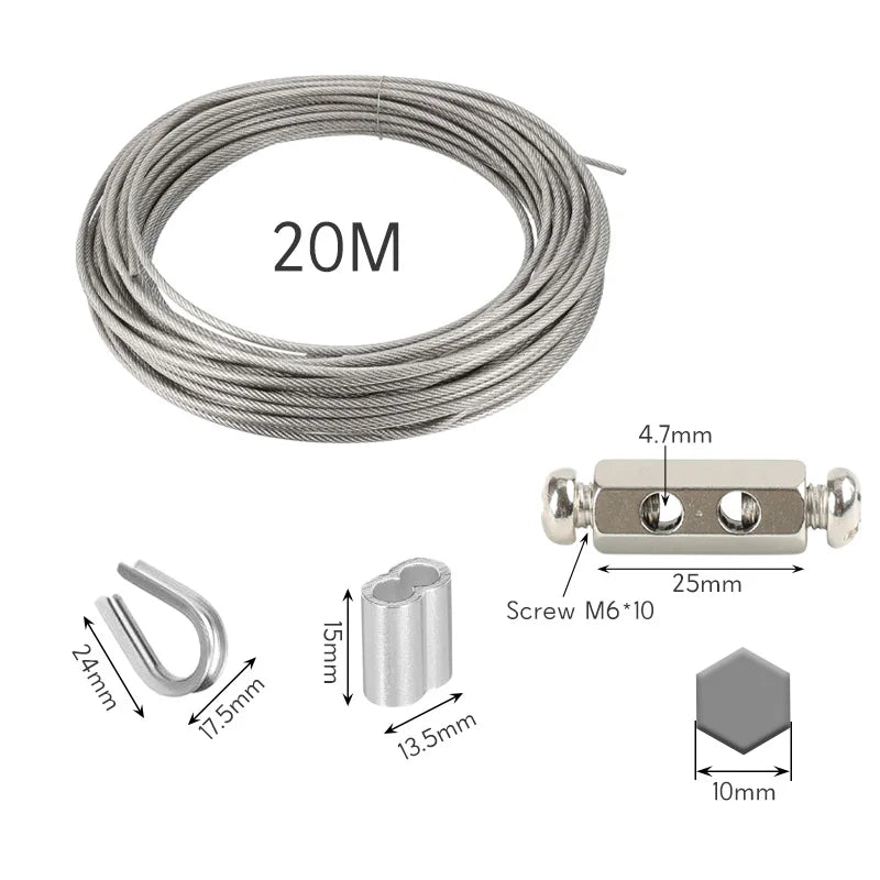 Heavy duty Cable Kit 20M/4mm Stainless Steel Wire Rope PVC Coated For Climbing Plants Garden  Clothesline