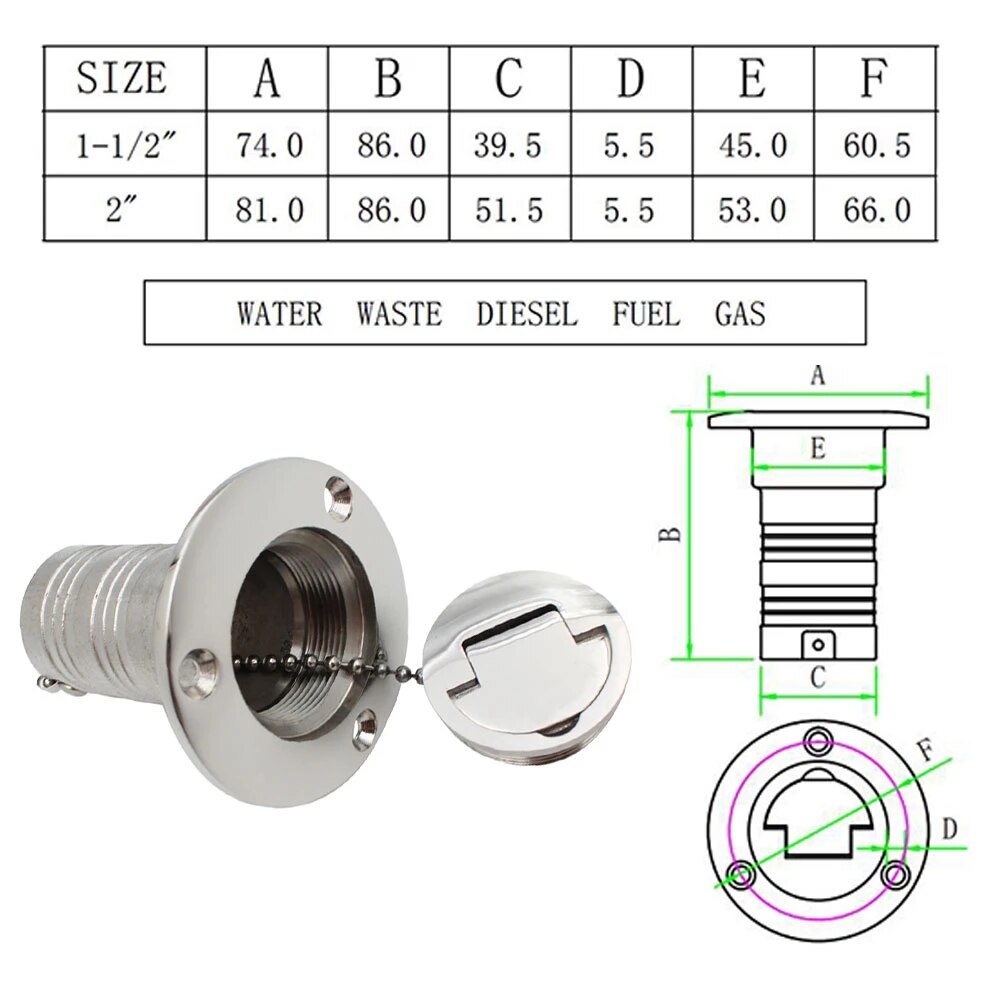 HD 38mm 50mm 2Inch Deck Filler 316 Stainless Steel DIESEL WASTE FUEL WATER WASTE Keyless Cap Marine Boat Accessories 1/2 PCS - KiwisLove
