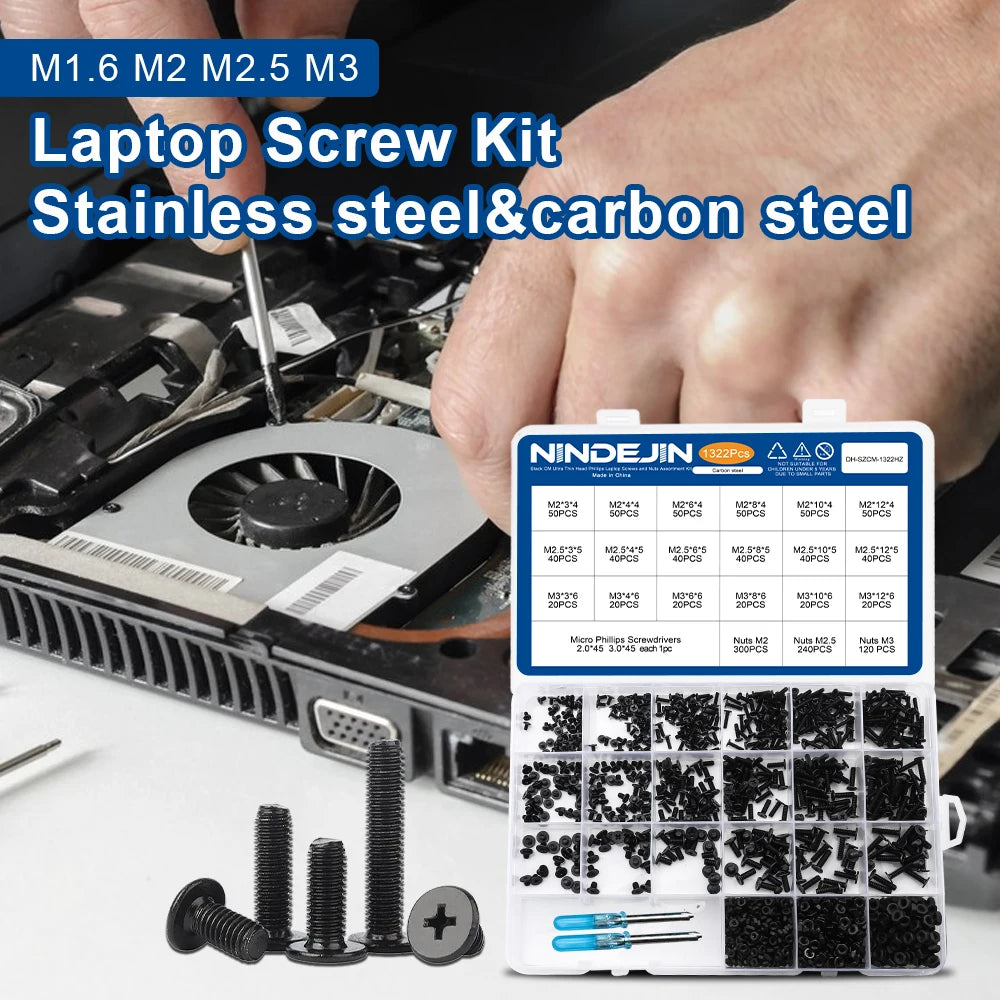 NINDEJIN Laptop Computer Screw Kit with Nut M1.6 M2 M2.5 M3 Ultra Thin Head Notebook Laptop Screw Set for Samsung HP Dell Lenovo