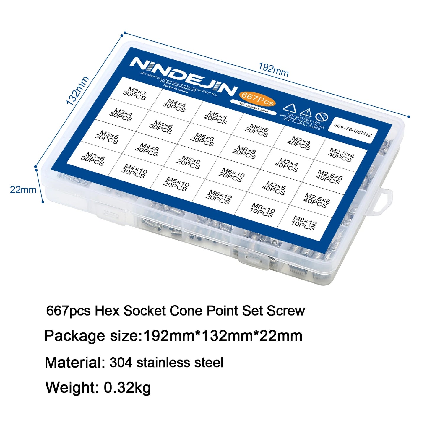 NINDEJIN Hexagon Socket Set Screw Kit Cone Point Stainless Steel Headless Grub Screw Assorment Kit M2 M2.5 M3 M4 M5 M6 M8