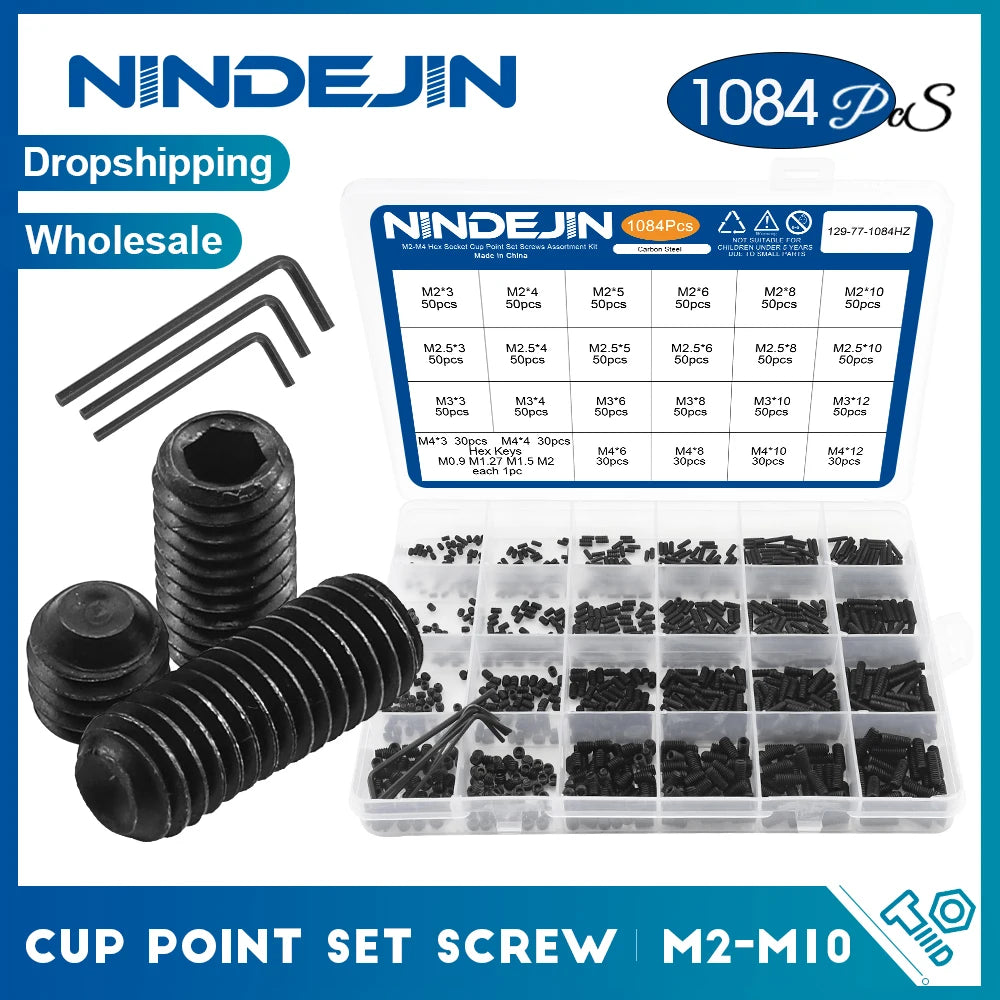 NINDEJIN Hex Socket Cup Point Set Screw M2 M2.5 M3 M4 M5 M6 M8 12.9 Carbon Steel Headless Allen Head Grub Screw Assortment Kit