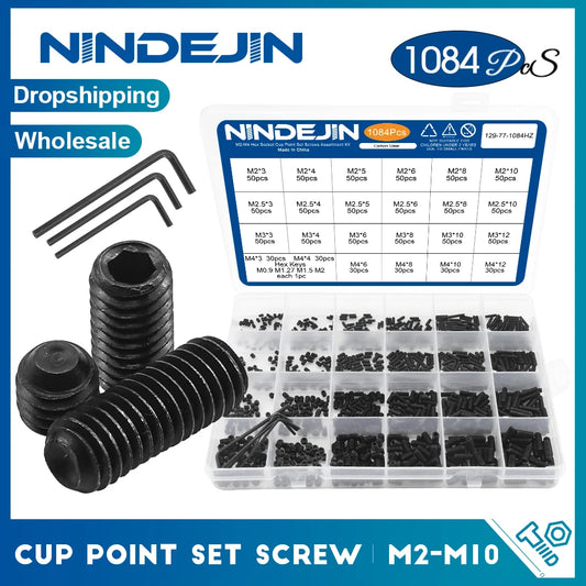NINDEJIN Hex Socket Cup Point Set Screw M2 M2.5 M3 M4 M5 M6 M8 12.9 Carbon Steel Headless Allen Head Grub Screw Assortment Kit