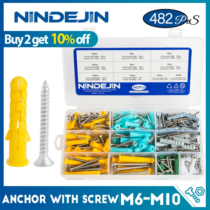 482pcs/set Plastic Expansion Drywall Anchor Set with Self Tapping Screw M3.5 M4.2 M5 M6 Wall Anchor Expansion Tube