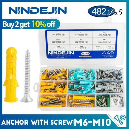 482pcs/set Plastic Expansion Drywall Anchor Set with Self Tapping Screw M3.5 M4.2 M5 M6 Wall Anchor Expansion Tube