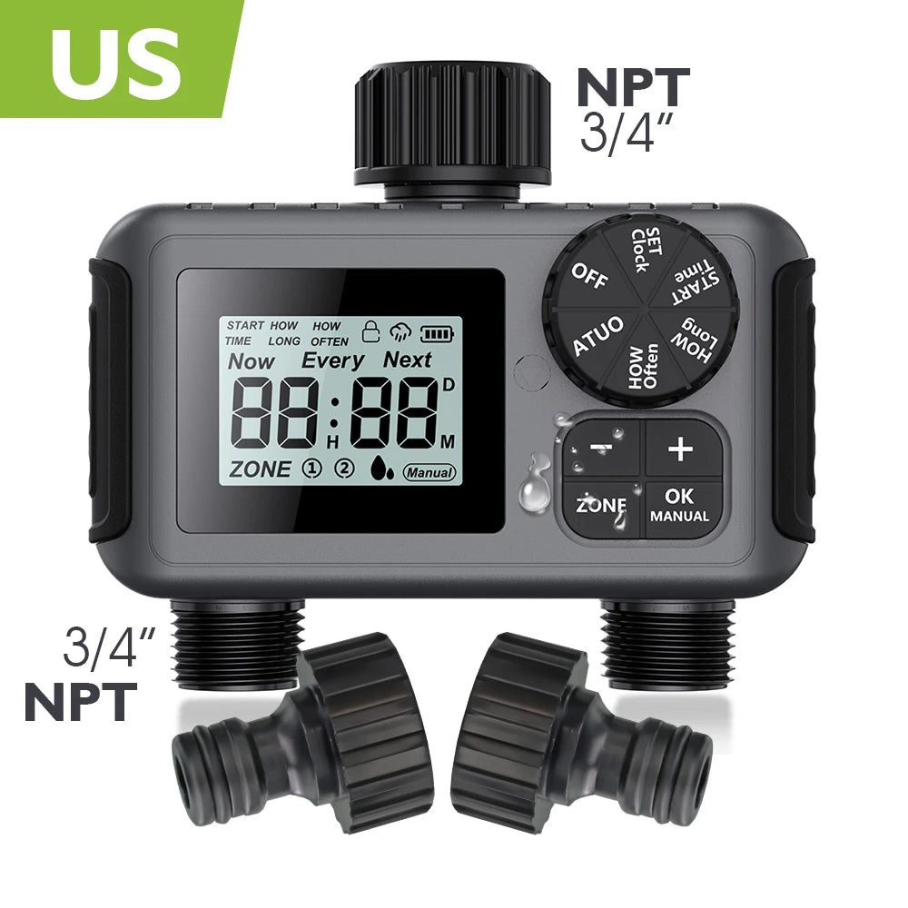 New 3/4 "2 Way Garden Intelligent LCD Digital Timer Automatic Programming Watering Controller for Greenhouse Plant Irrigation Sy