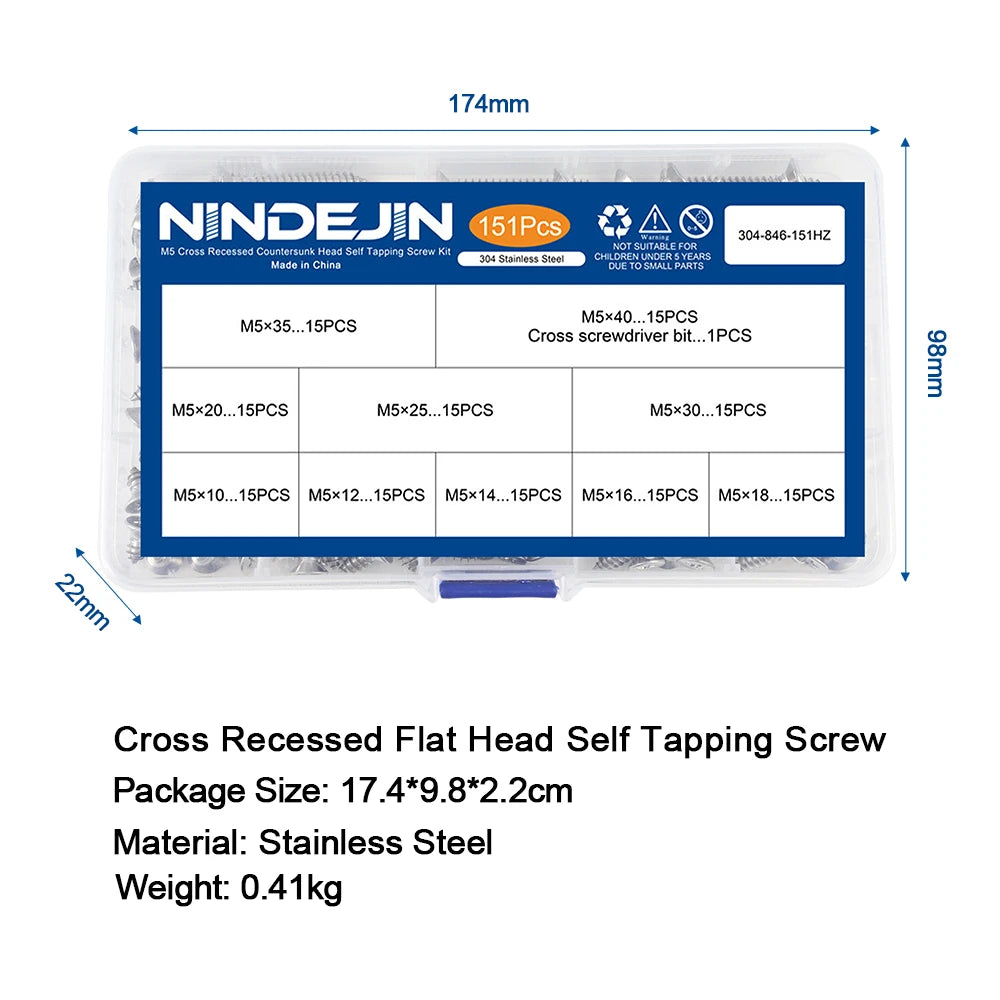 NINDEJIN Self Tapping Screw Set M3 M4 M5 Cross Flat Head Phillips Screw Assorted Kit Stainless Steel Wood Screw for metal sheet